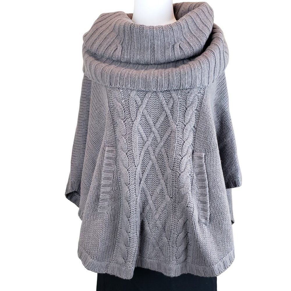 Autumn Cashmere Soft Chunky Knit Gray Taupe Cape Poncho Sweater O/S